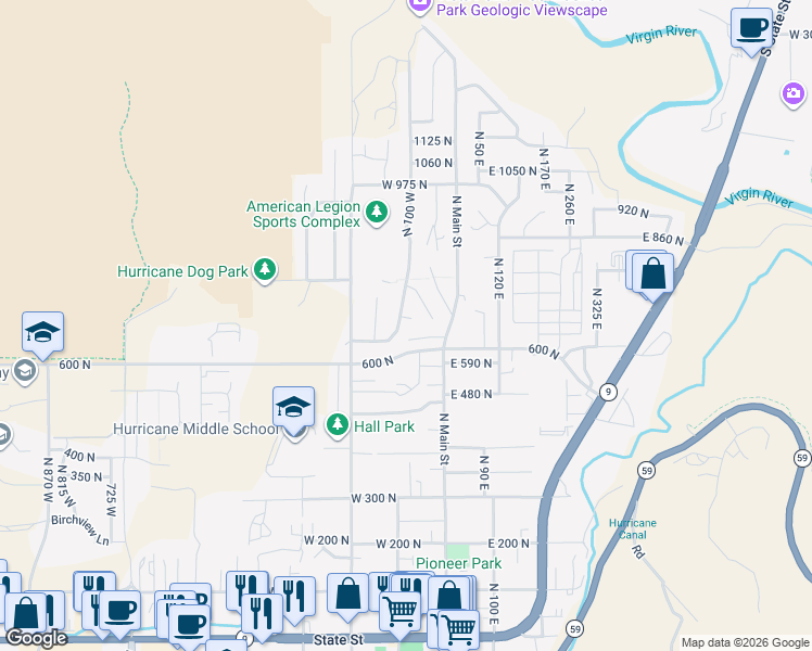 map of restaurants, bars, coffee shops, grocery stores, and more near 93 West 680 North in Hurricane
