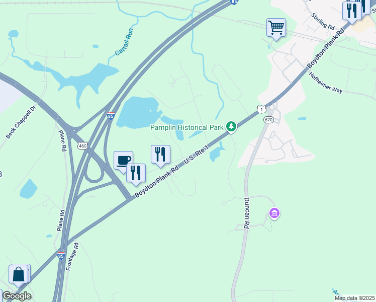 map of restaurants, bars, coffee shops, grocery stores, and more near 24502 Brownwall Road in Petersburg