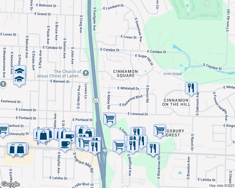 map of restaurants, bars, coffee shops, grocery stores, and more near 3549 East Carol Drive in Springfield