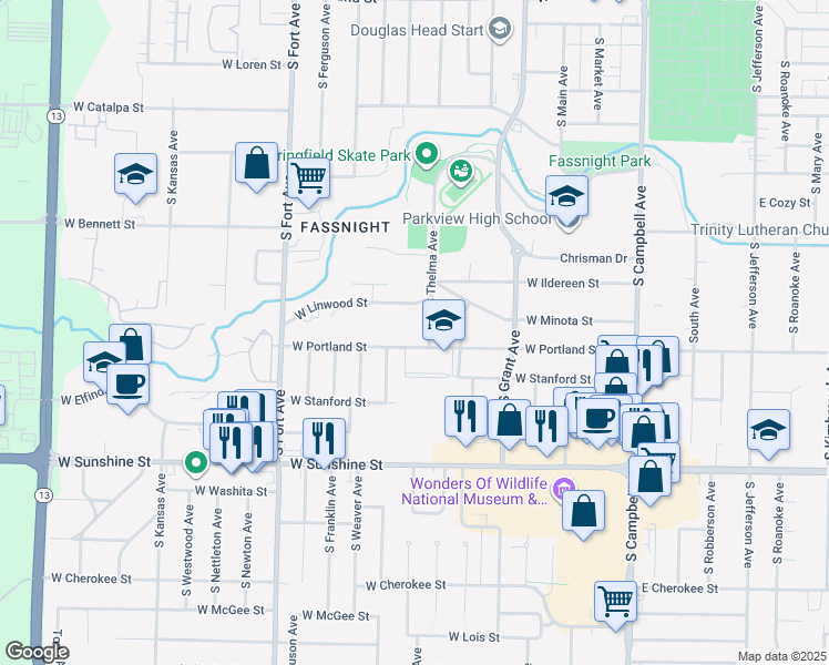 map of restaurants, bars, coffee shops, grocery stores, and more near 1525 South Thelma Avenue in Springfield