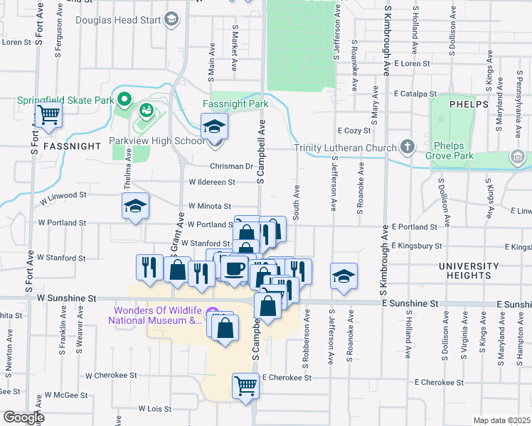 map of restaurants, bars, coffee shops, grocery stores, and more near 1540 South Campbell Avenue in Springfield