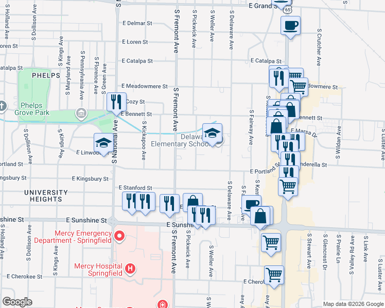 map of restaurants, bars, coffee shops, grocery stores, and more near 1527 South Pickwick Avenue in Springfield