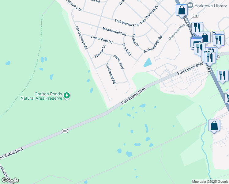 map of restaurants, bars, coffee shops, grocery stores, and more near 120 Larchwood Road in Yorktown