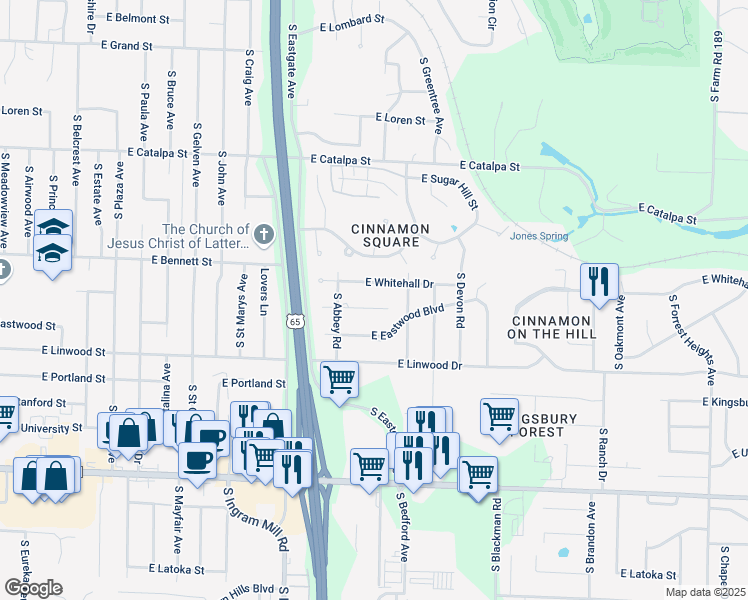 map of restaurants, bars, coffee shops, grocery stores, and more near 3549 East Carol Drive in Springfield