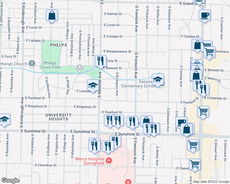 map of restaurants, bars, coffee shops, grocery stores, and more near 1547 South Kickapoo Avenue in Springfield