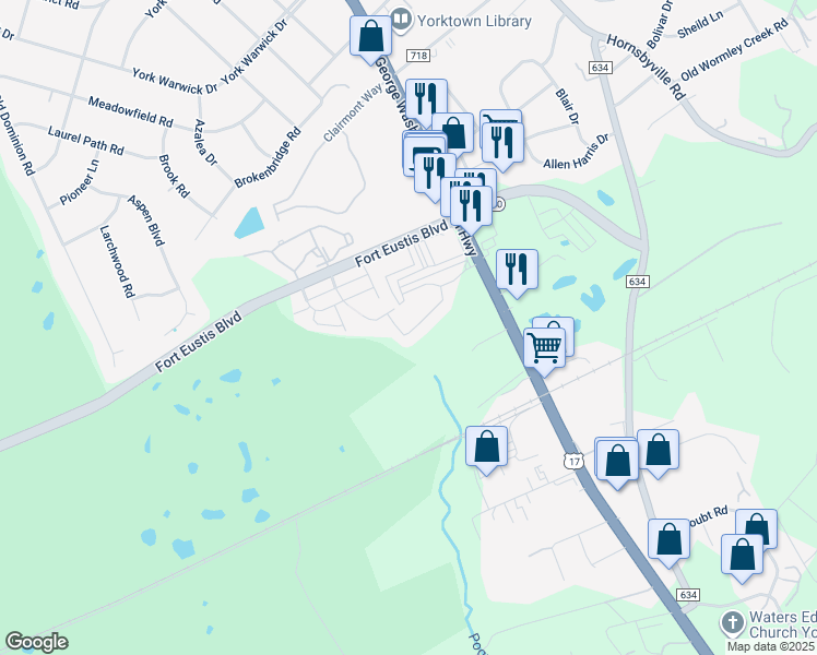 map of restaurants, bars, coffee shops, grocery stores, and more near 132 Ellis Drive in Yorktown