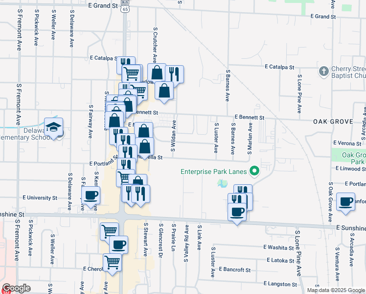 map of restaurants, bars, coffee shops, grocery stores, and more near 2020 East Marsa Drive in Springfield
