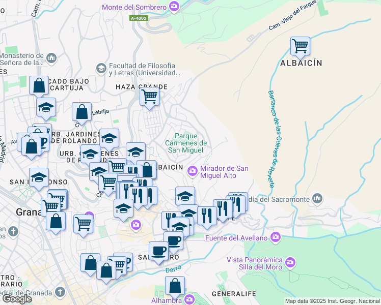 map of restaurants, bars, coffee shops, grocery stores, and more near 31 Calle Alqueria in Granada