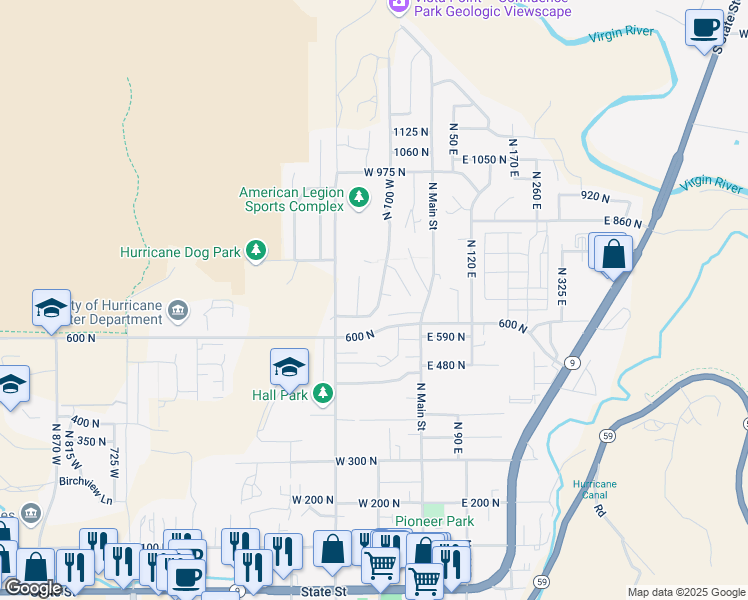 map of restaurants, bars, coffee shops, grocery stores, and more near 672 North 150 West in Hurricane