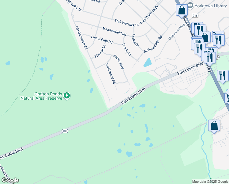 map of restaurants, bars, coffee shops, grocery stores, and more near 120 Larchwood Road in Yorktown