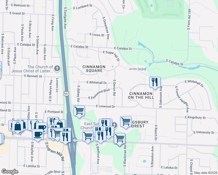 map of restaurants, bars, coffee shops, grocery stores, and more near 1432 South Charing Avenue in Springfield