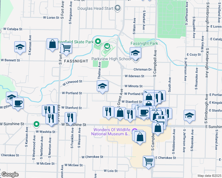 map of restaurants, bars, coffee shops, grocery stores, and more near 1548 S Missouri Ave in Springfield