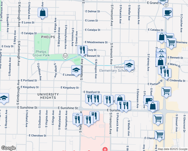 map of restaurants, bars, coffee shops, grocery stores, and more near 1547 South Kickapoo Avenue in Springfield