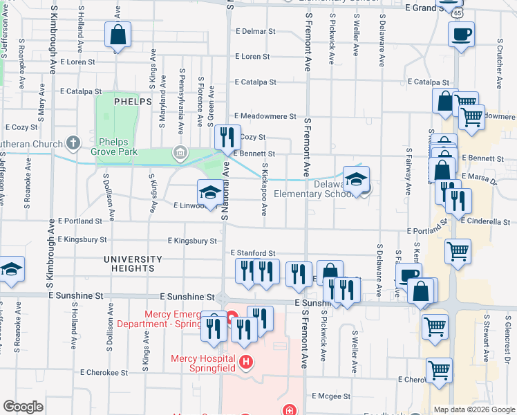 map of restaurants, bars, coffee shops, grocery stores, and more near 1547 South Kickapoo Avenue in Springfield