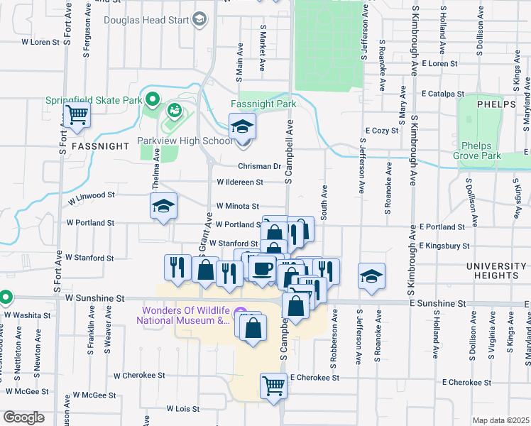 map of restaurants, bars, coffee shops, grocery stores, and more near 434 West Minota Street in Springfield