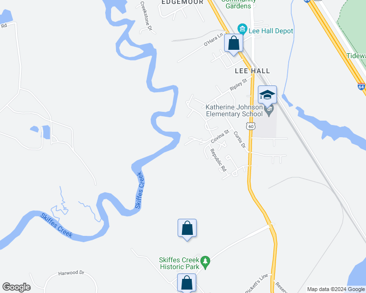 map of restaurants, bars, coffee shops, grocery stores, and more near 239 Misty Point Lane in Newport News