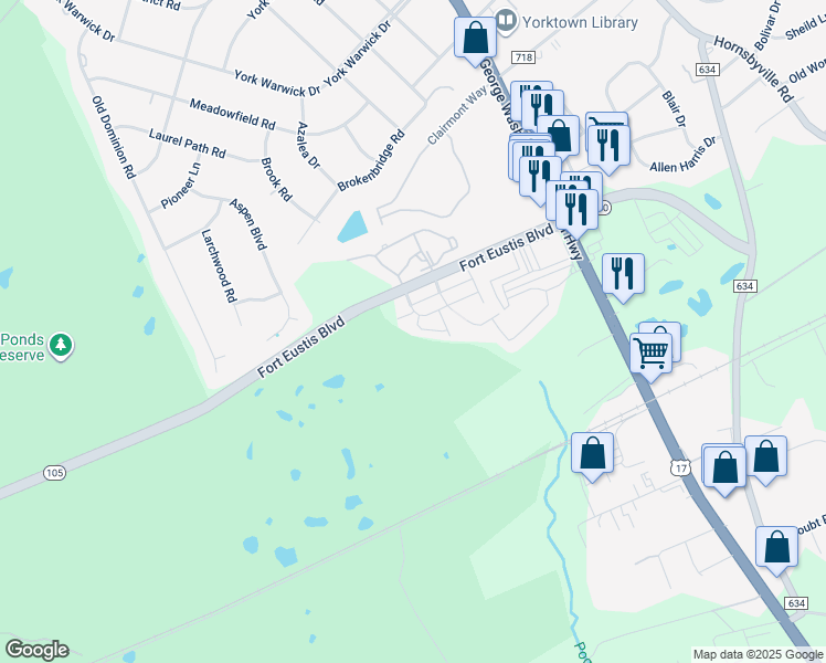 map of restaurants, bars, coffee shops, grocery stores, and more near 106 Briarwood Place in Yorktown