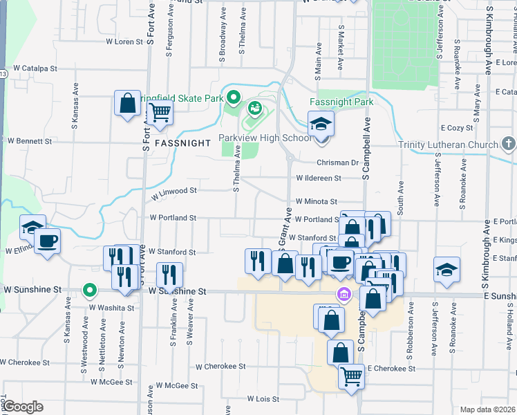 map of restaurants, bars, coffee shops, grocery stores, and more near 1548 South Missouri Avenue in Springfield