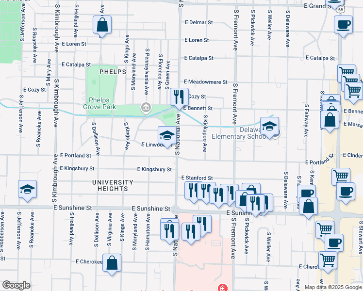 map of restaurants, bars, coffee shops, grocery stores, and more near 1548 South National Avenue in Springfield