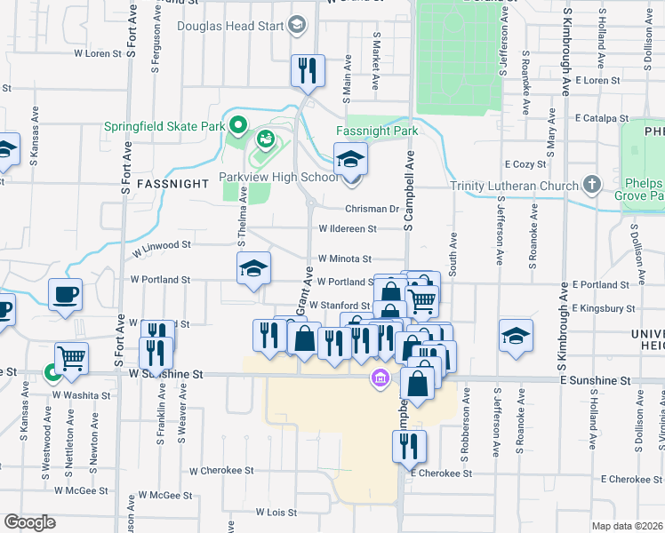 map of restaurants, bars, coffee shops, grocery stores, and more near 610 West Minota Street in Springfield