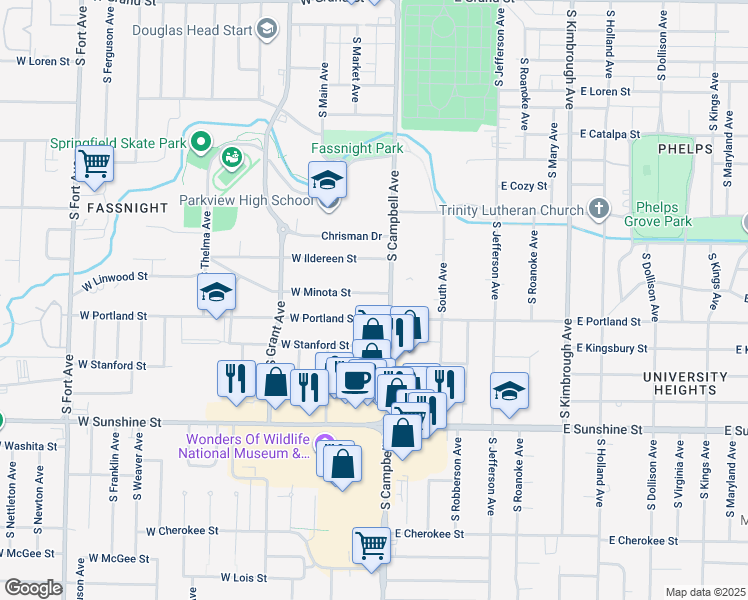 map of restaurants, bars, coffee shops, grocery stores, and more near 416 West Minota Street in Springfield