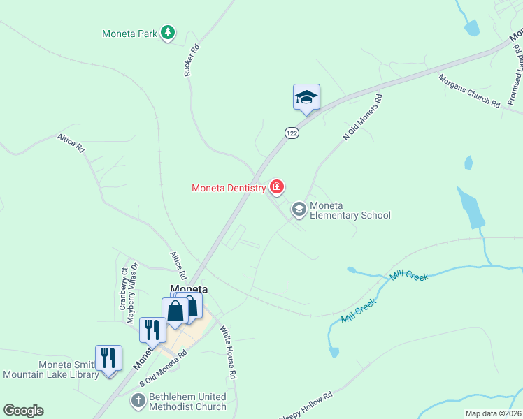 map of restaurants, bars, coffee shops, grocery stores, and more near 12793 Moneta Road in Moneta