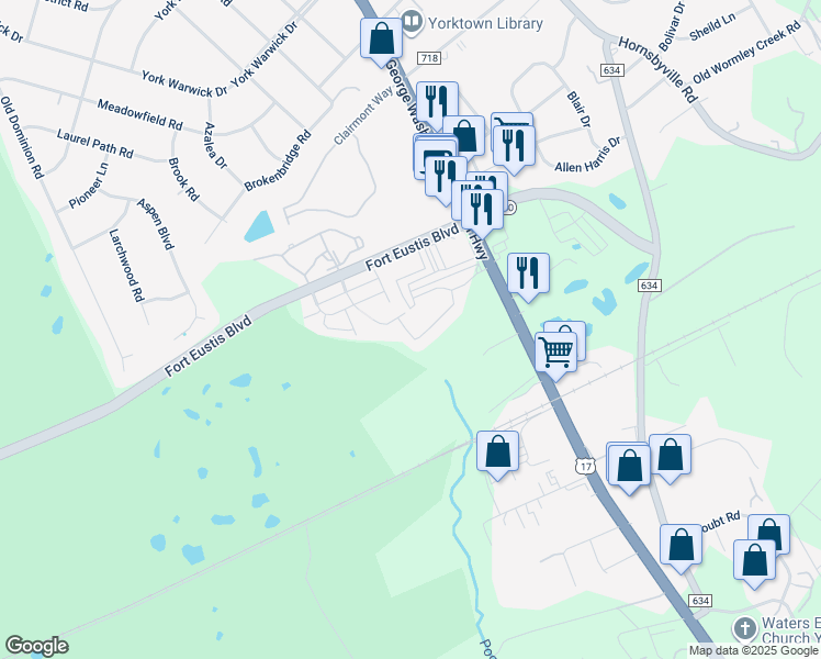 map of restaurants, bars, coffee shops, grocery stores, and more near 208 Ellis Drive in Yorktown