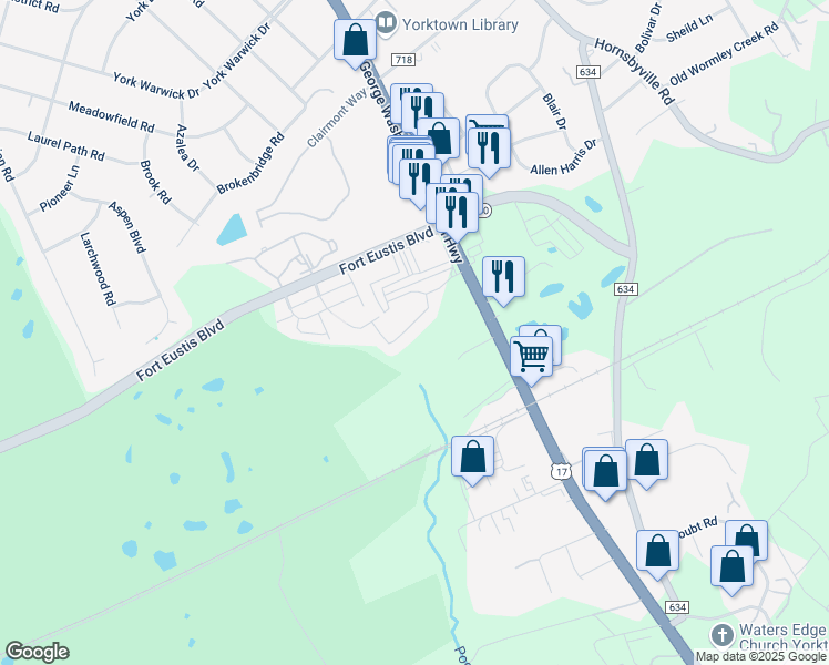 map of restaurants, bars, coffee shops, grocery stores, and more near 123 Ellis Drive in Yorktown