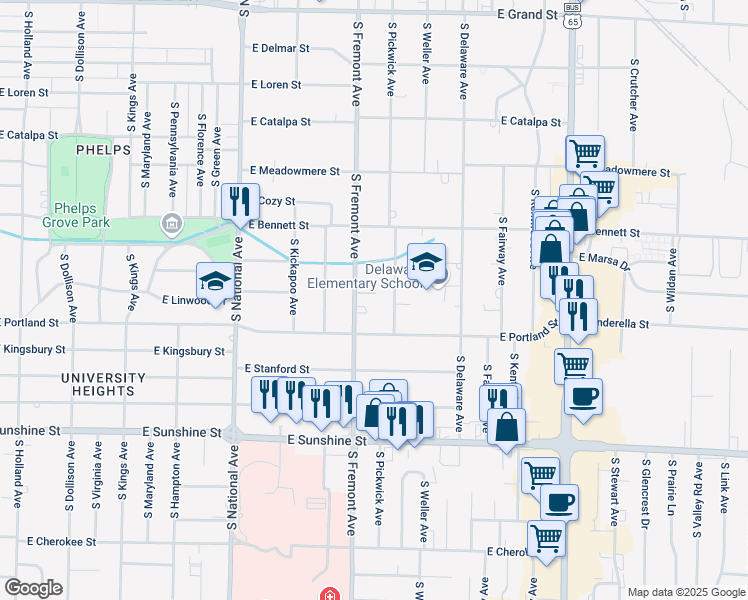 map of restaurants, bars, coffee shops, grocery stores, and more near 1420 East Hart Street in Springfield
