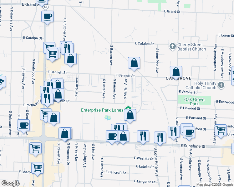 map of restaurants, bars, coffee shops, grocery stores, and more near 1504 South Barnes Avenue in Springfield