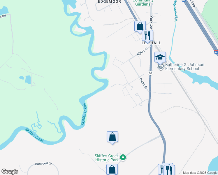 map of restaurants, bars, coffee shops, grocery stores, and more near 243 Misty Point Ln in Newport News
