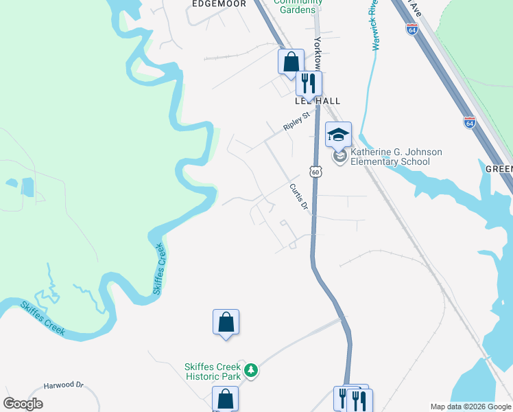 map of restaurants, bars, coffee shops, grocery stores, and more near 103 Republic Road in Newport News