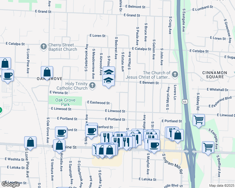 map of restaurants, bars, coffee shops, grocery stores, and more near 1440 South Estate Avenue in Springfield