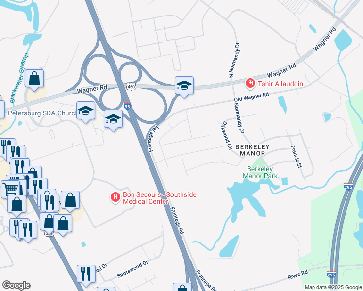 map of restaurants, bars, coffee shops, grocery stores, and more near 513 Scott Street in Petersburg