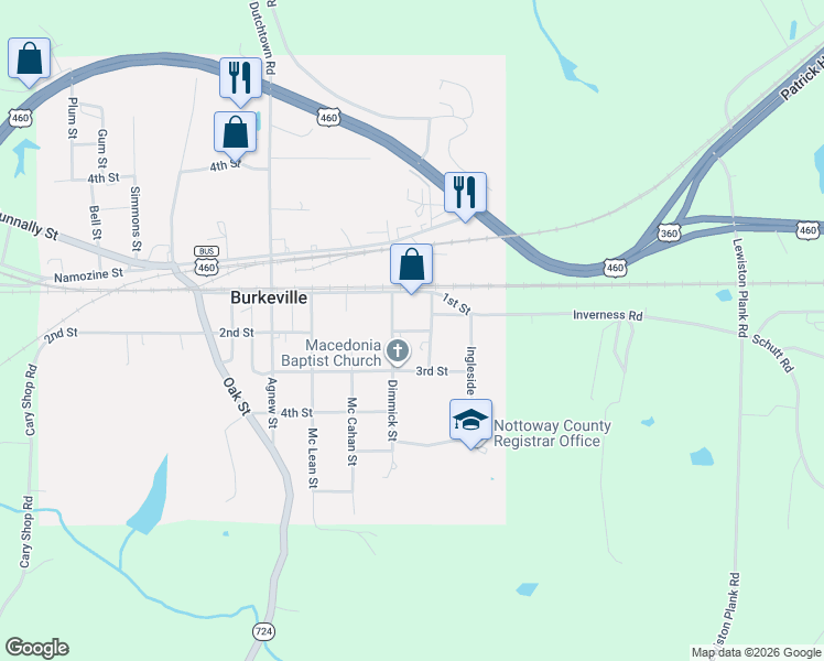 map of restaurants, bars, coffee shops, grocery stores, and more near 404 2nd Street in Burkeville