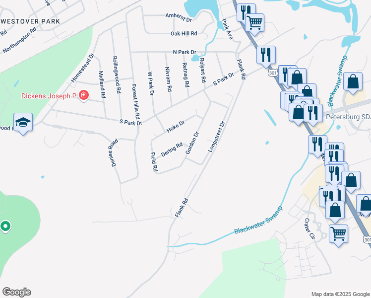 map of restaurants, bars, coffee shops, grocery stores, and more near 3300 Gordon Drive in Petersburg