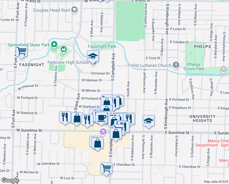 map of restaurants, bars, coffee shops, grocery stores, and more near 1540 South Campbell Avenue in Springfield