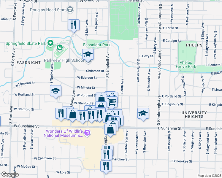 map of restaurants, bars, coffee shops, grocery stores, and more near 1540 South Campbell Avenue in Springfield