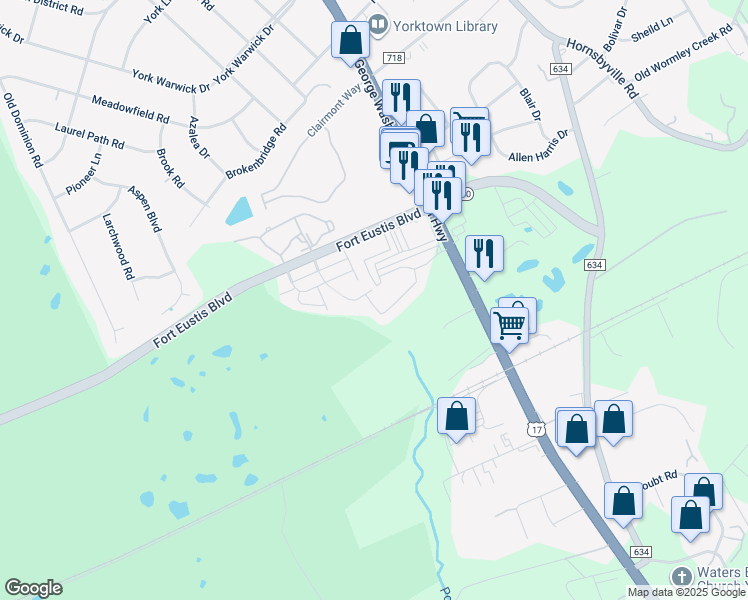 map of restaurants, bars, coffee shops, grocery stores, and more near 210 Ellis Drive in Yorktown