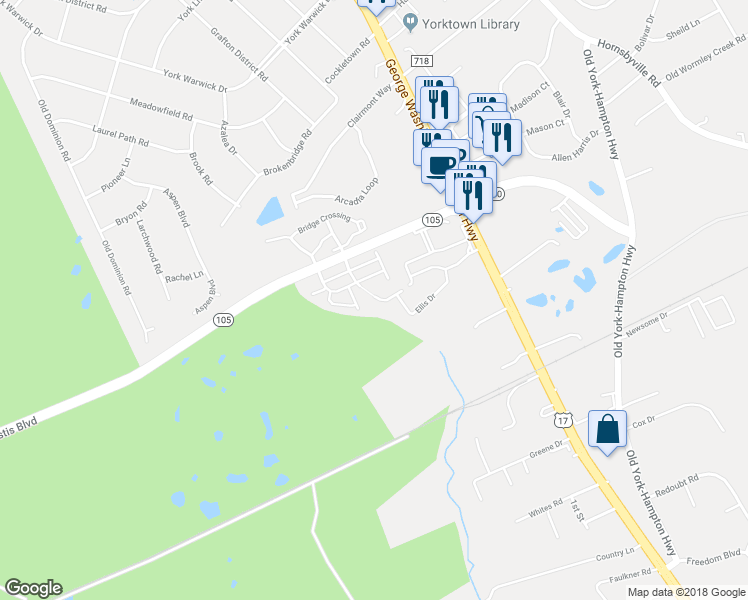 map of restaurants, bars, coffee shops, grocery stores, and more near 100 Grant Court in Yorktown