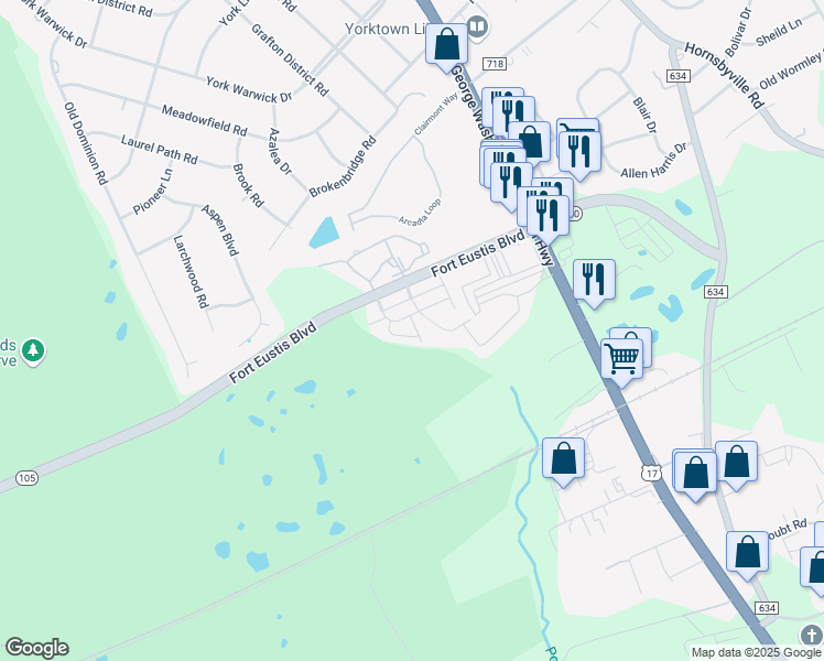map of restaurants, bars, coffee shops, grocery stores, and more near 129 Briarwood Place in Yorktown