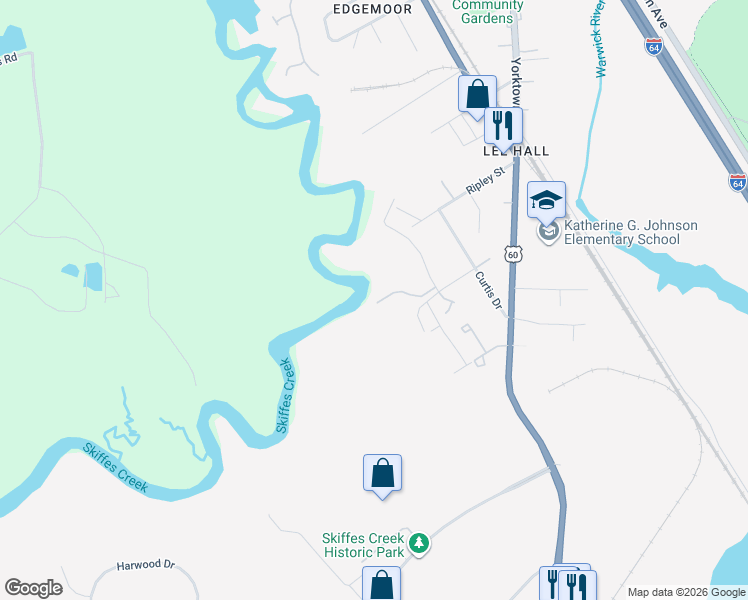 map of restaurants, bars, coffee shops, grocery stores, and more near 243 Misty Point Lane in Newport News