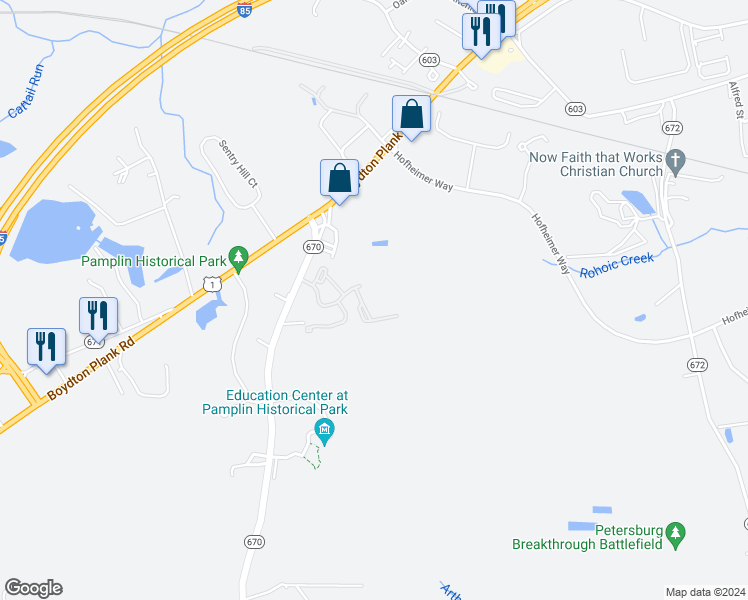 map of restaurants, bars, coffee shops, grocery stores, and more near 6119 Duncan Road in Petersburg