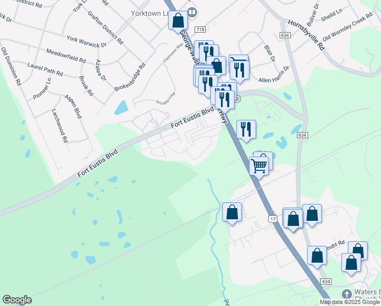 map of restaurants, bars, coffee shops, grocery stores, and more near 210 Ellis Drive in Yorktown