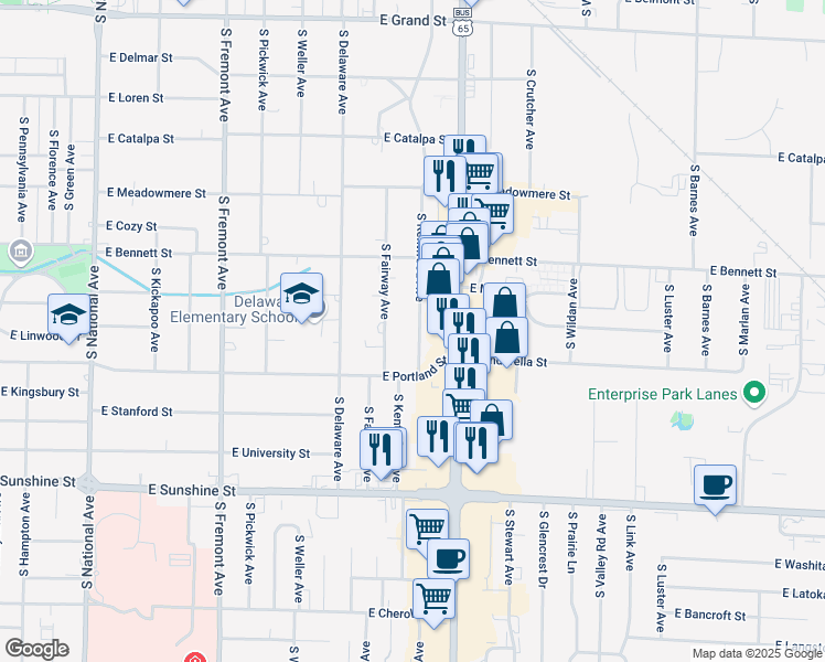 map of restaurants, bars, coffee shops, grocery stores, and more near 1517 South Kentwood Avenue in Springfield
