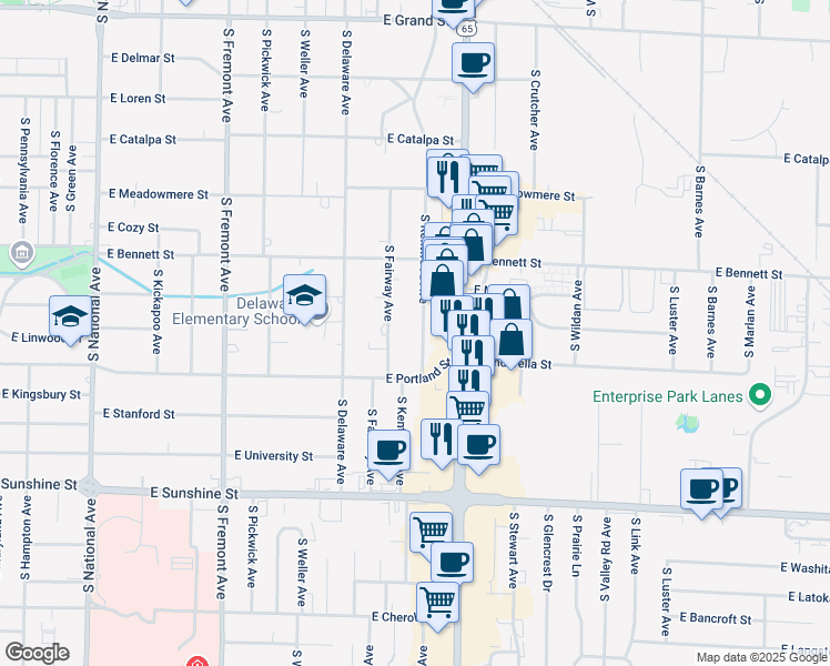 map of restaurants, bars, coffee shops, grocery stores, and more near 1517 South Kentwood Avenue in Springfield