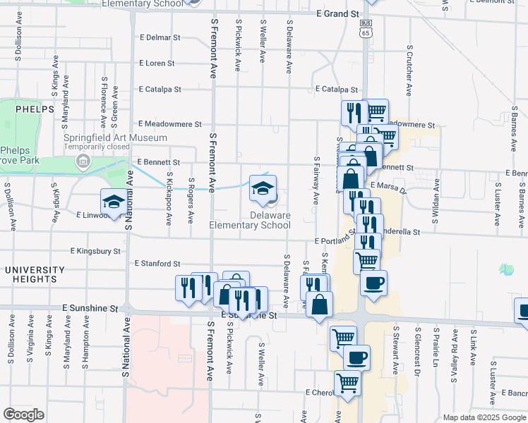 map of restaurants, bars, coffee shops, grocery stores, and more near 1505 South Delaware Avenue in Springfield