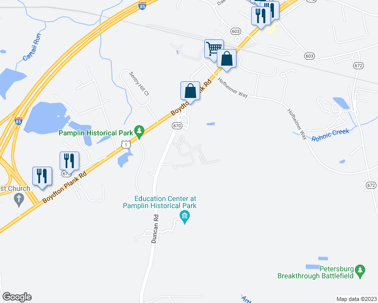 map of restaurants, bars, coffee shops, grocery stores, and more near 6119 Duncan Road in Petersburg