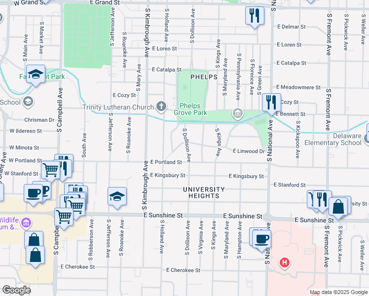 map of restaurants, bars, coffee shops, grocery stores, and more near 1501-1523 South Dollison Avenue in Springfield