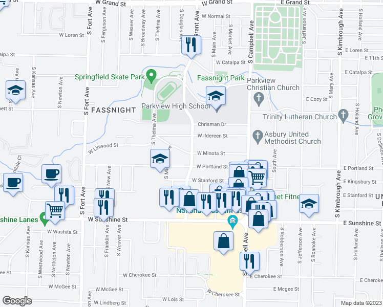 map of restaurants, bars, coffee shops, grocery stores, and more near 1551 South Grant Avenue in Springfield